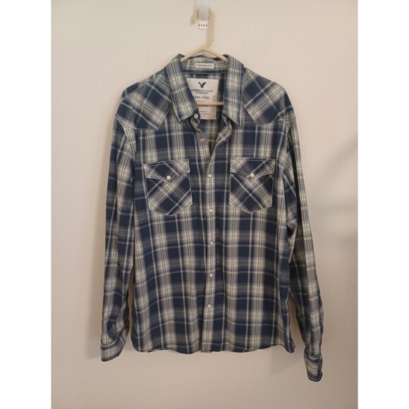 American Eagle Outfitters Shirt XXL Plaid Blue Longsleeve Pearl Snap Vintage Fit - Picture 2 of 9